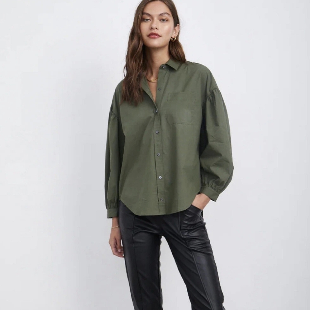 NWT RAILS Janae Oversized Puff Bishop Sleeve Button Down Shirt In Olive Smoke L